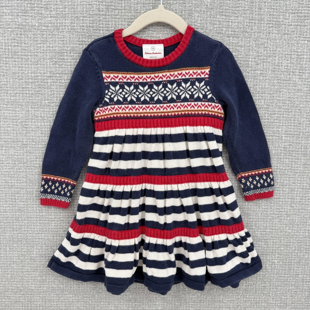 Hanna Andersson Dress Girls Sz 3 Navy Red Fair Isle Stripe Knit Long Sleeve